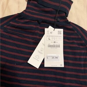 Zara Women Turtleneck Sweater - Navy and Red Stripes